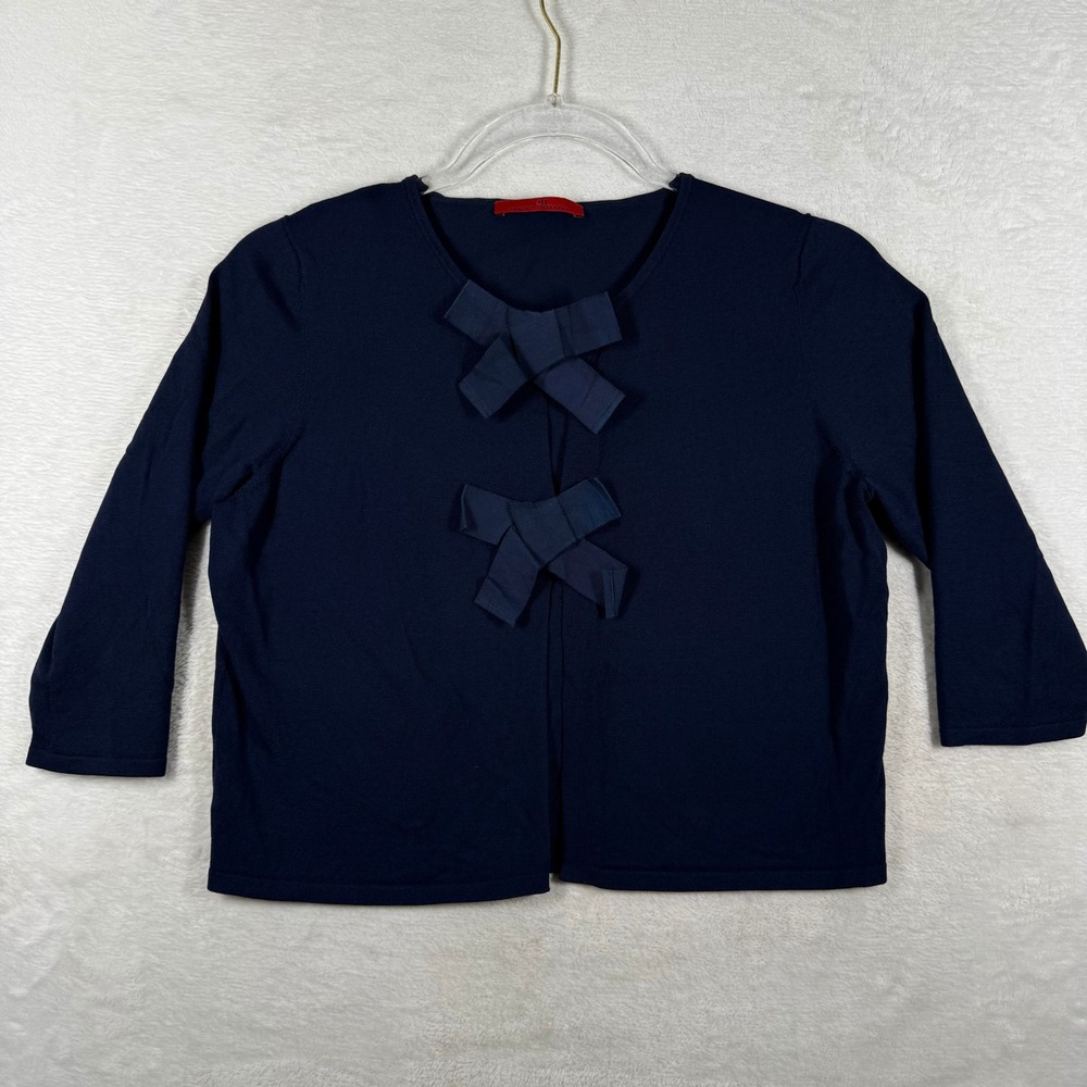 Carolina Herrera CH Navy Blue Bow Front 3/4 Sleeve Cropped Cardigan Sweater S